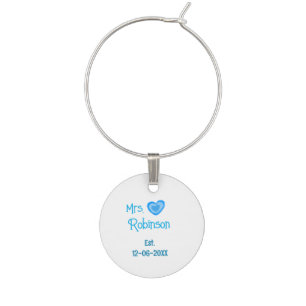 Bride to be Mrs add name date blue heart watercolo Wine Charm