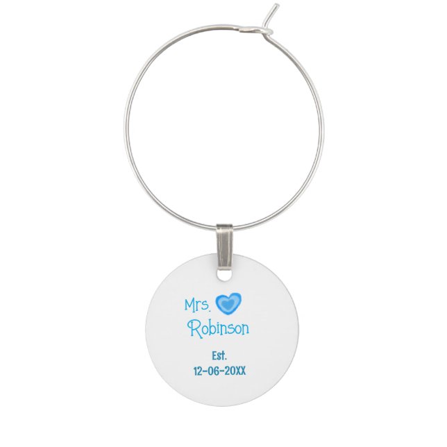 Bride to be Mrs add name date blue heart watercolo Wine Charm (Front)