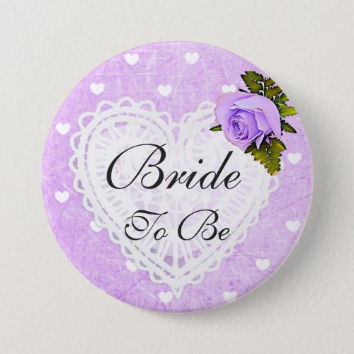 Bride to Be Purple Rose Hearts White Bow Button