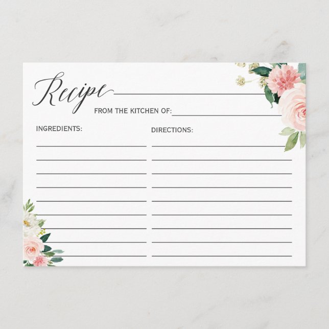 Bride To Be Recipe Card Blush Pink Floral (Front)