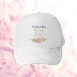Bride to be rose gold floral eucalyptus greenery trucker hat<br><div class="desc">For a bridal shower or a bachelorette spa and wellness weekend. A chic white background. Decorated with a rose gold, blush pink floral, flower (rose)and green watercolored eucalyptus leaves, sprigs, greenery and a faux gold sprig. Personalize and add the name of the bride. Black and golden letters. With the text:...</div>