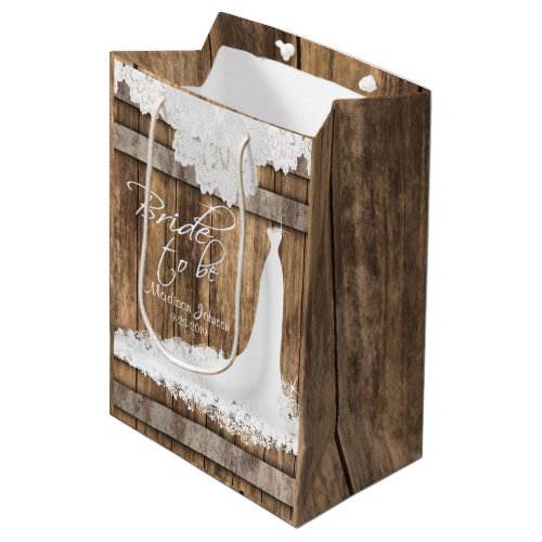 Bride to Be _ Rustic Wood and White Lace Design Medium Gift Bag