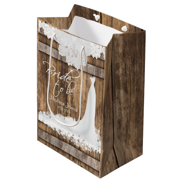 Bride to Be - Rustic Wood and White Lace Design Medium Gift Bag (Front Angled)