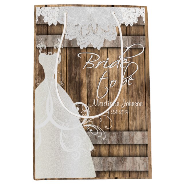 Bride to Be - Rustic Wood Barrel and Lace Design Medium Gift Bag (Front)