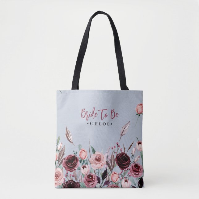 Bride To Be Tote | Dusty Blue and Burgundy Floral (Front)