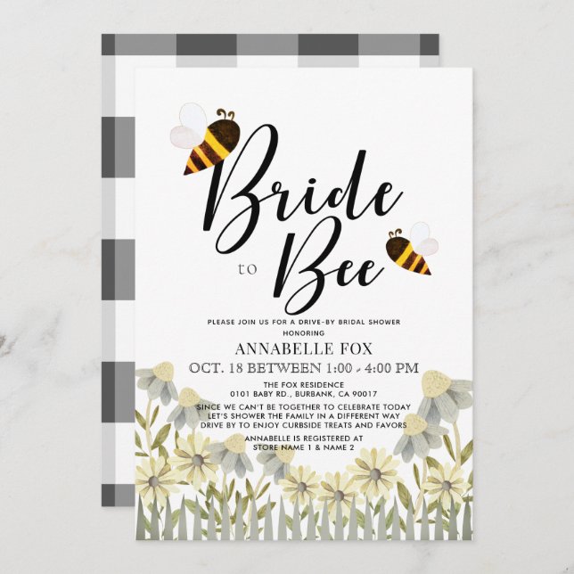 Bride to Bee Buffalo Check Drive-by Bridal Shower Invitation (Front/Back)