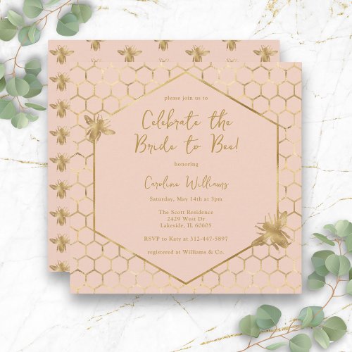 Bride to Bee Elegant Blush Pink Gold Bridal Shower Invitation