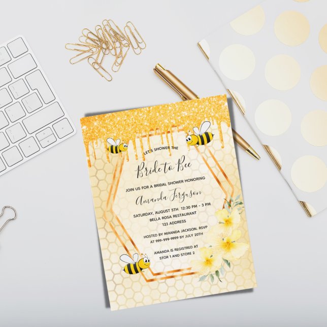Bride to bee gold glitter bridal shower invitation postcard