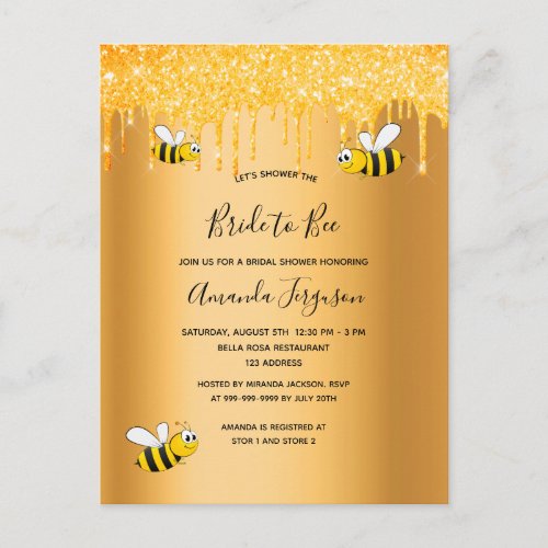 Bride to bee gold glitter bridal shower invitation postcard