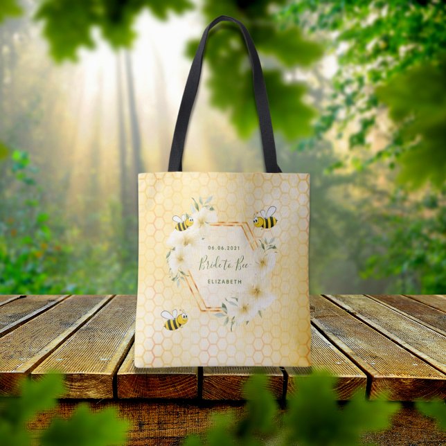 Bride to Bee happy bumble bees yellow honeycomb Tote Bag (Creator Uploaded)