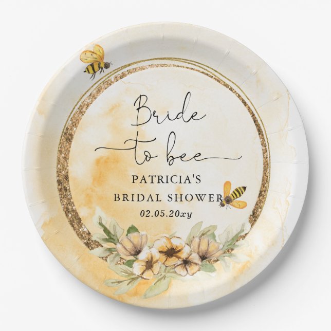 Bride To Bee Honeybee Floral Bridal Shower Paper Plates (Front)