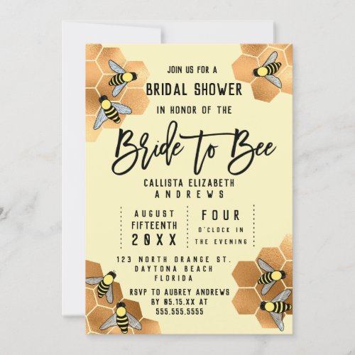 Bride to Bee Quote Gold Honeycomb Bridal Shower Invitation