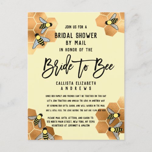 Bride to Bee Quote Gold Honeycomb Bridal Shower Invitation Postcard