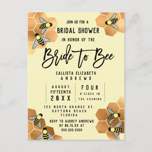 Bride to Bee Quote Gold Honeycomb Bridal Shower Invitation Postcard