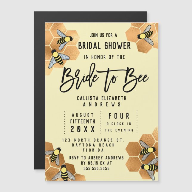 Bride to Bee Quote Gold Honeycomb Bridal Shower Magnetic Invitation (Front/Back)