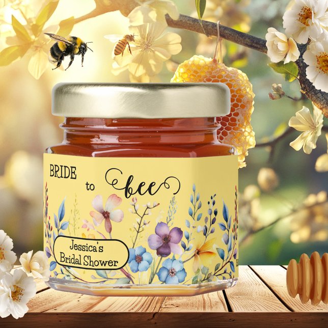 Bride to Bee Wildflower Bridal Shower Honey Jar Favors (Honey jar favor showing a watercolor design with wildflowers and cute bees - wedding - bridal shower)