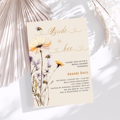 Bride to bee wildflower yellow beige bridal shower invitation