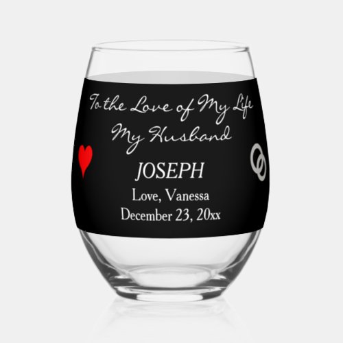 Bride to Groom Gift Monogram Black Red Heart Stemless Wine Glass