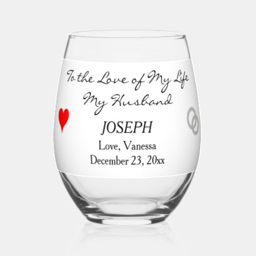 Bride to Groom Gift Monogram White Red Heart Stemless Wine Glass