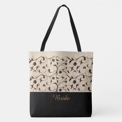 Bride Tote Bag Beige  Brown Scrolls