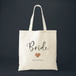 Bride | Trendy Script and Heart Tote Bag<br><div class="desc">This beautiful,  stylish tote for the bride features trendy handwritten script in black,  with a little faux rose gold look heart and a spot for her name.</div>