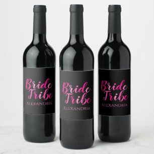 Bride Tribe Bachelorette Party Hot Pink Black Wine Label