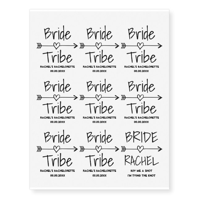 Bride Tribe bachelorette party temporary tattoos (Front)