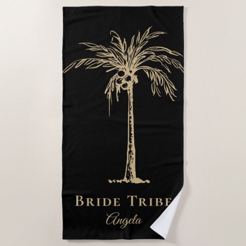 Bride Tribe Black Gold Palm Tree Custom Beach Towel