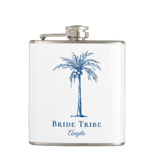 Bride Tribe Blue Tropical Palm Tree Custom Flask
