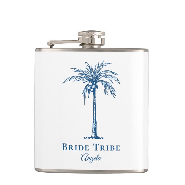 Bride Tribe Blue Tropical Palm Tree Custom Flask (Front)