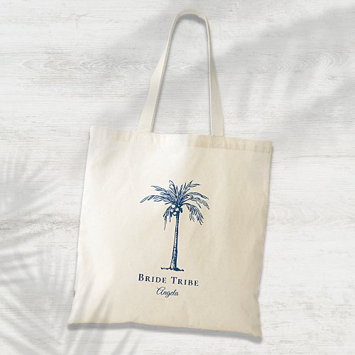 Bride Tribe Blue Tropical Palm Tree Custom Tote Bag