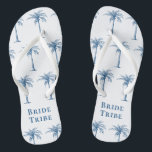 Bride Tribe Blue Tropical Palm Tree Flip Flops<br><div class="desc">These fun tropical palm tree patterned flip flops with the words "Bride Tribe" in (color of the year 2020) blue on a white background are the perfect bridal shower gifts for a tropical beach destination or outdoor wedding!</div>