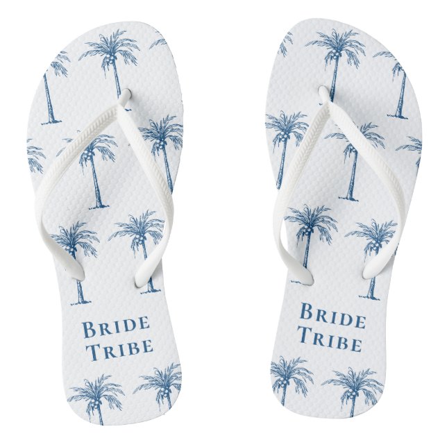 Bride Tribe Blue Tropical Palm Tree Flip Flops (Footbed)