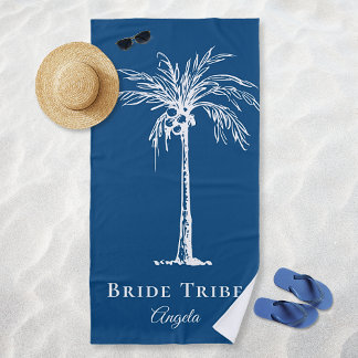 Bride Tribe Blue White Palm Tree Custom Beach Towel