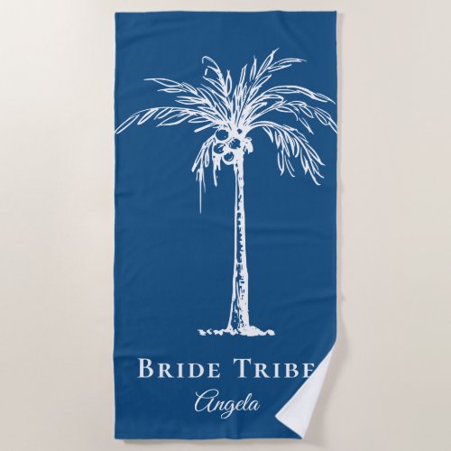 Bride Tribe Blue White Palm Tree Custom Beach Towel