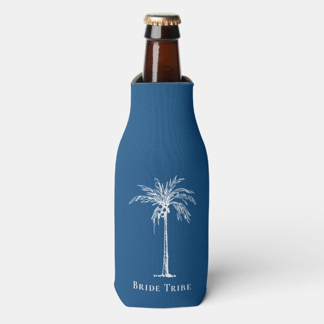 Bride Tribe Blue White Palm Tree Custom Bottle Cooler (Bottle Front)