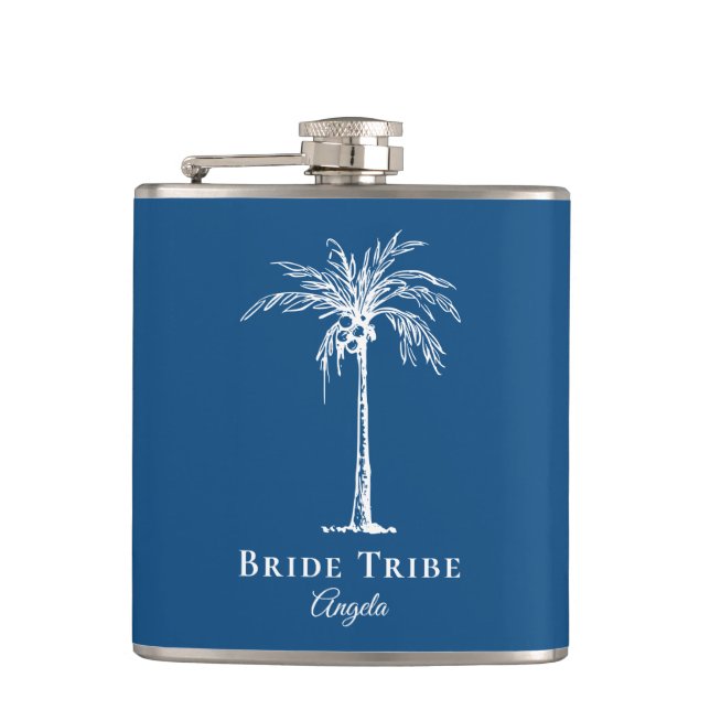 Bride Tribe Blue White Palm Tree Custom Flask (Front)