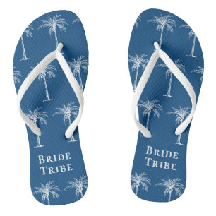 Bride Tribe Blue White Tropical Palm Tree Flip Flops