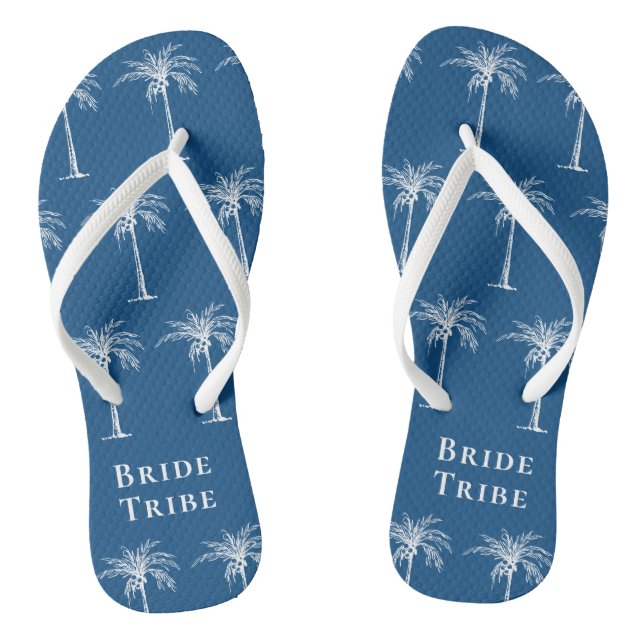 Bride Tribe Blue White Tropical Palm Tree Flip Flops (Footbed)