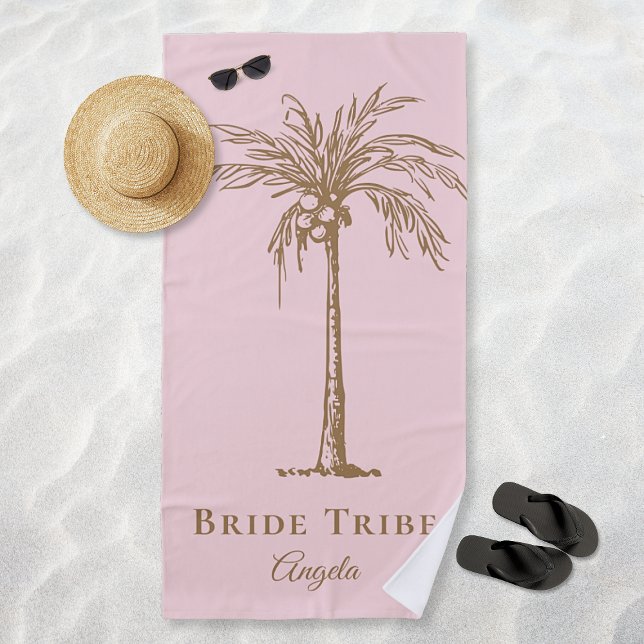 Bride Tribe Blush Pink Gold Palm Tree Custom Beach Towel (Bride Tribe Blush Pink Gold Palm Tree Custom Beach Towel)