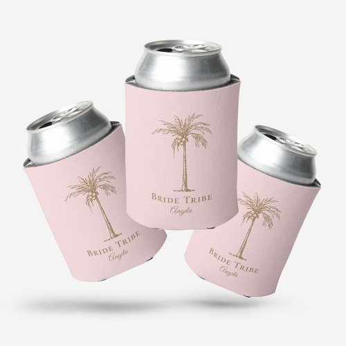 Bride Tribe Blush Pink Gold Palm Tree Custom Can Cooler