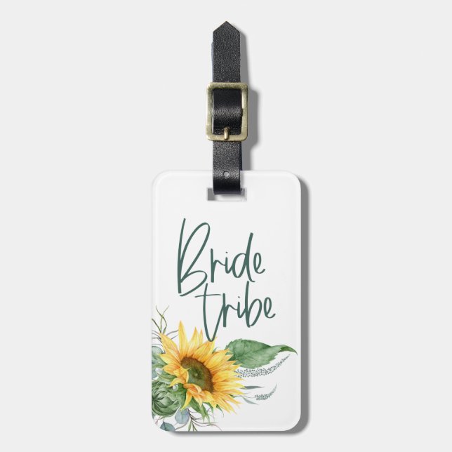 Bride Tribe Bridesmaid Sunflower Eucalyptus Rustic Luggage Tag (Front Vertical)