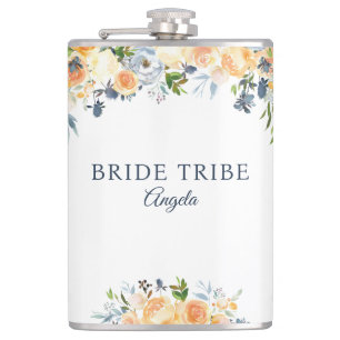 Bride Tribe Coral Peach Navy Floral Custom Flask