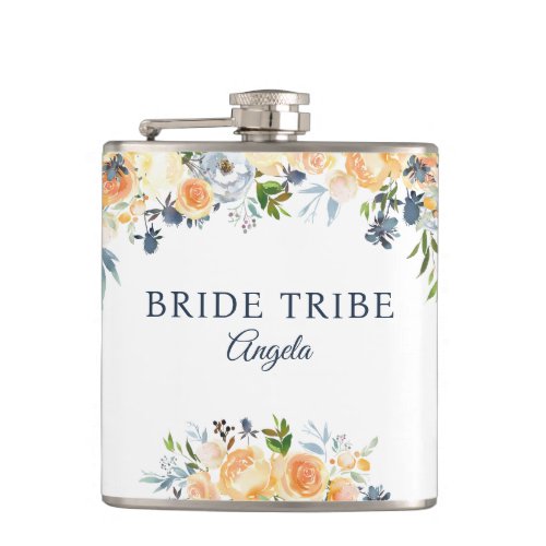 Bride Tribe Coral Peach Navy Floral Personalized Flask