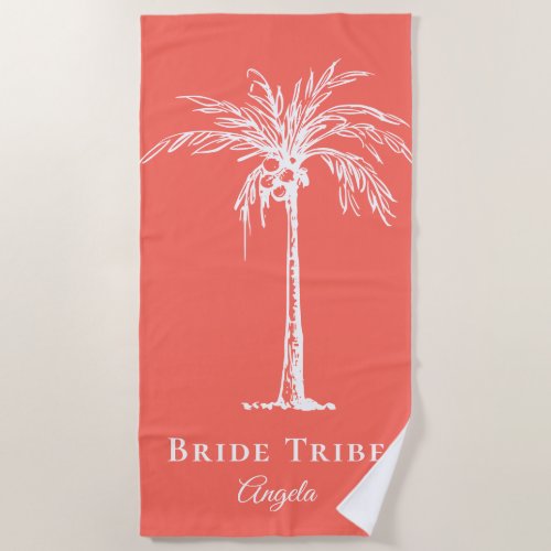 Bride Tribe Coral White Palm Tree Custom Beach Towel