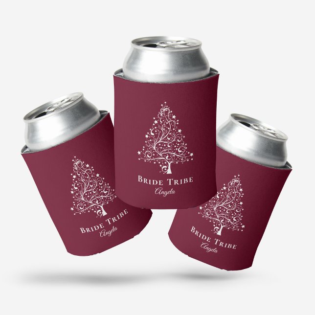 Bride Tribe Elegant Burgundy Winter Wedding Can Cooler (Creator Uploaded)
