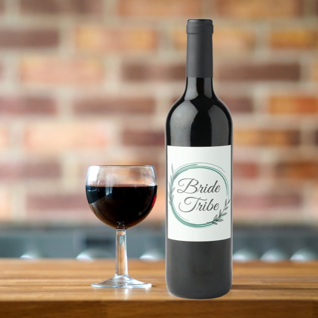 Bride Tribe Emerald Green Botanical Wreath Wine Label (In Situ Glass of Wine)