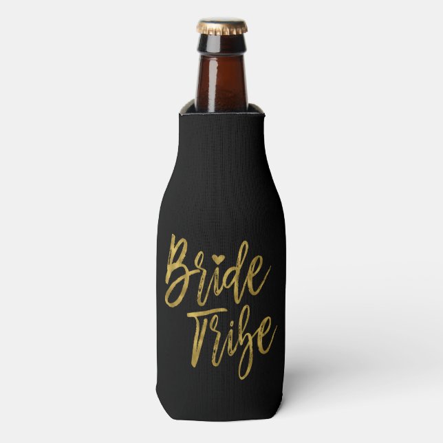 Bride Tribe Faux Gold Foil and Black with Heart Bottle Cooler (Bottle Front)