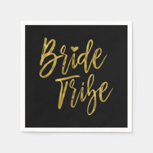 Bride Tribe Faux Gold Foil and Black with Heart Paper Napkins