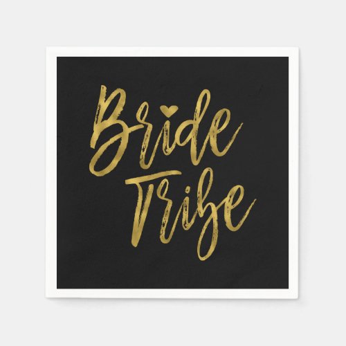 Bride Tribe Faux Gold Foil and Black with Heart Paper Napkins
